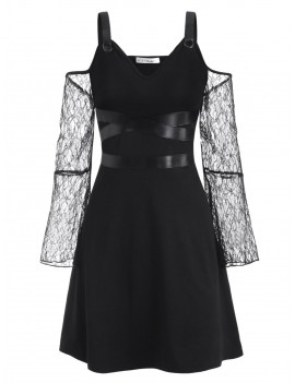 Buckled PU Leather Panel Lace Sleeve Plus Size Gothic Dress - Black L