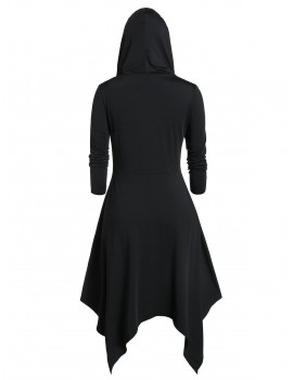 Plus Size Lace Up Asymmetrical Hooded Dress - Black L