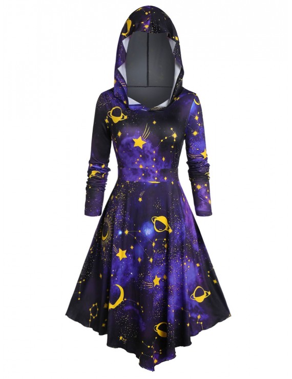 Plus Size Hooded 3D Galaxy Print Halloween Midi Dress - Black L