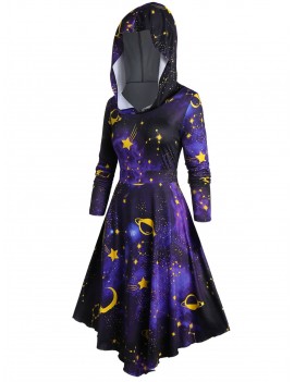 Plus Size Hooded 3D Galaxy Print Halloween Midi Dress - Black L
