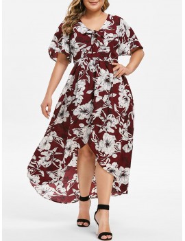 Plus Size Bow Tie High Low Floral Dress - Red Wine L