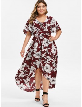 Plus Size Bow Tie High Low Floral Dress - Red Wine L