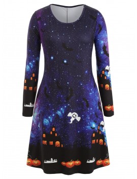 Plus Size Halloween Galaxy Bat Ghost Print Swing Dress - Multi-a L