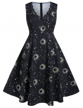 Plus Size Moon and Star Print Scalloped Midi Dress - Black L