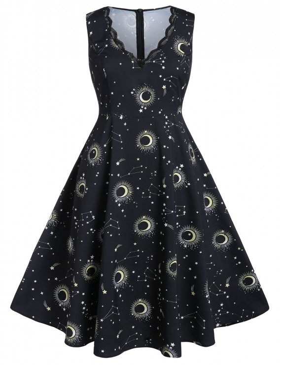 Plus Size Moon and Star Print Scalloped Midi Dress - Black L