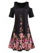 Cold Shoulder Flower Print Short Sleeves Plus Size Dress - Black L