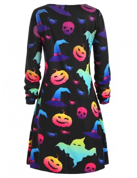 Plus Size Pumpkin Ghost Hat Print Halloween Dress - Black L
