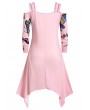 Plus Size Butterfly Print Cold Shoulder Hanky Hem Dress - Light Pink L
