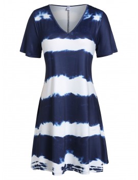 Plus Size V Neck Tie Dye Mini T-shirt Dress - Midnight Blue L