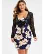 Plus Size Floral Print Dress and Lace Top Set - Black L