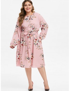 Plus Size Bohemian Floral Print Midi Dress - Pink 2x