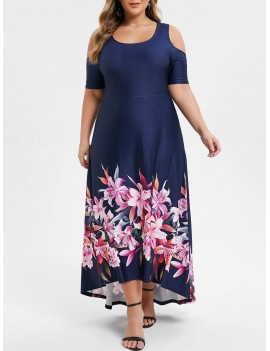 Plus Size Cold Shoulder High Low Floral Print Dress - Midnight Blue L