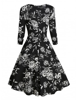 Plus Size Floral Print High Waist A Line Dress - Black M