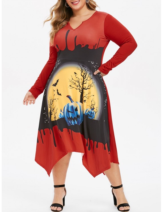 Pumpkin Bat Print V-notch Plus Size Halloween Dress - Red L