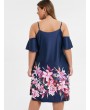 Floral Print Criss Cross Cold Shoulder Dress - Midnight Blue L
