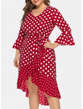 Polka Dot Flounces Belted High Low Plus Size Dress - Red 3x