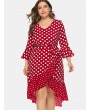 Polka Dot Flounces Belted High Low Plus Size Dress - Red 3x