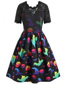 Plus Size Lace Panel Pumpkin Ghost Print Halloween Retro Dress - Multi-a L