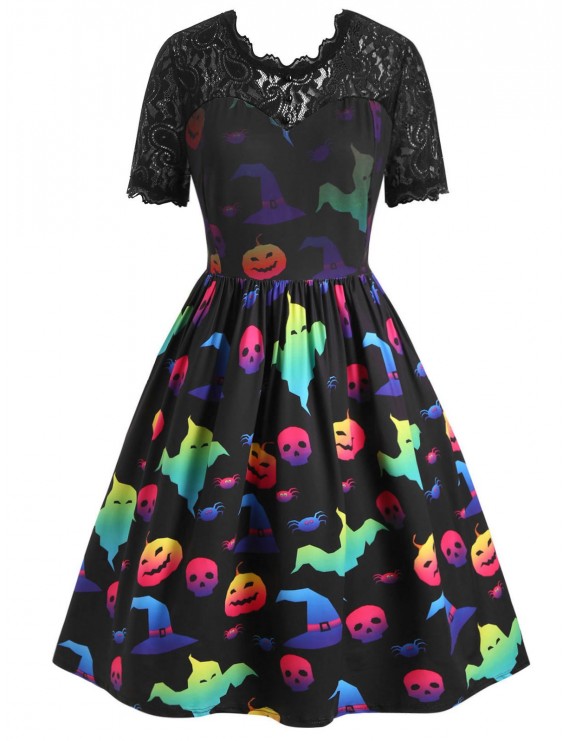 Plus Size Lace Panel Pumpkin Ghost Print Halloween Retro Dress - Multi-a L