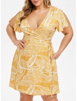 Plus Size Plunge Leaves Print Wrap Dress - Bee Yellow 2x