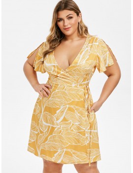 Plus Size Plunge Leaves Print Wrap Dress - Bee Yellow 2x