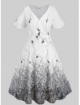 Plus Size Printed Surplice Dress - Cool White L