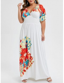 Plus Size Floral Print Smocked Maxi Dress - White L