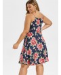 Plus Size Floral Print Criss Cross Cami Mini Dress - Cadetblue L