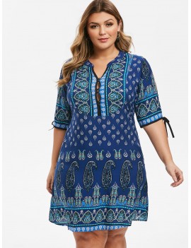 Split Sleeve Ethnic Printed Plus Size Dress - Blueberry Blue L