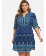 Split Sleeve Ethnic Printed Plus Size Dress - Blueberry Blue L