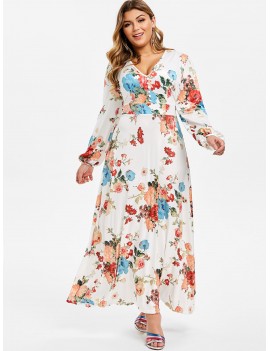 Plus Size Bohemian Floral Print Maxi A Line Dress - Milk White L