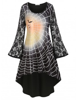 Plus Size Halloween Lace Sleeve Spider Web Print Dress - Black L