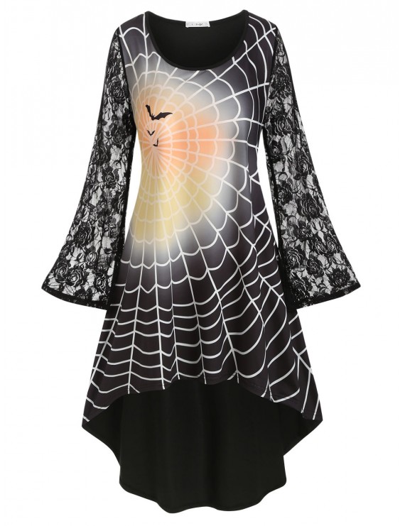Plus Size Halloween Lace Sleeve Spider Web Print Dress - Black L