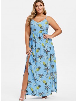 Leaves Pineapple Slit Cami Plus Size Dress - Sky Blue L