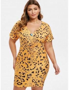 Twist Front Leopard Plus Size Bodycon Dress - Bee Yellow 5x