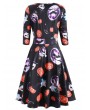 Plus Size Halloween Moon Bat Print V Neck Dress - Black L