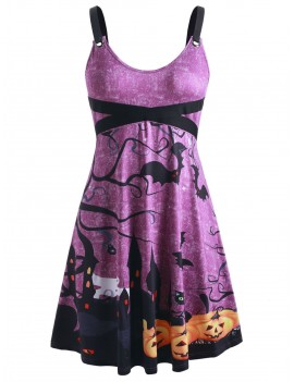 Pumpkin Bat Print Grommets Plus Size Halloween Dress - Medium Orchid L