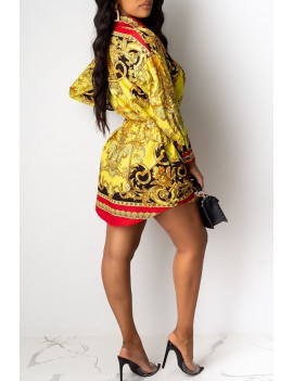 Lovely Casual Printed Gold Mini Shirt Dress(Without Belt)