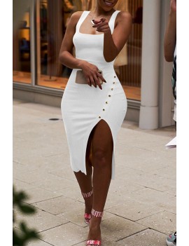 Lovely Casual Side Split White Knee Length Dress(With Elastic)
