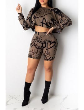 Lovely Casual Letter Printed Khaki Two-piece Shorts Set