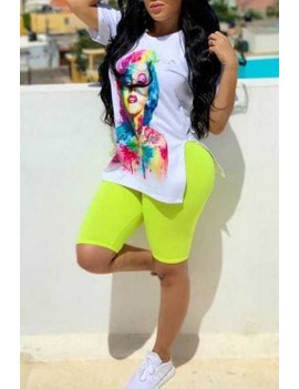Lovely Casual O Neck Printed White Two-piece Shorts Set