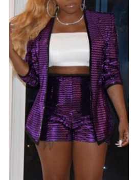 Lovely Casual Sequined Purple Two-piece Shorts Set