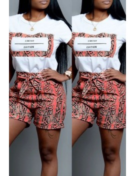 Lovely Casual O Neck Snakeskin Pattern Printed Croci Two-piece Shorts Set