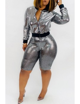 Lovely Chic Patchwork Silver Grey Two-piece Shorts Set