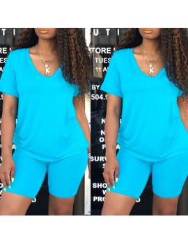 Lovely Casual V Neck Blue Two-piece Shorts Set