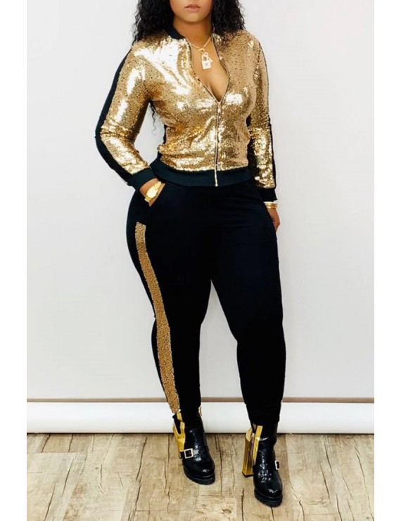 Lovely Casual Patchwork Gold Two-piece Pants Set