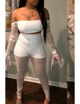 Lovely Sexy Dew Shoulder See-through White Two-piece Pants Set