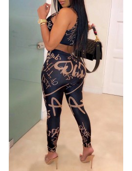 Lovely Sexy Sleeveless Printed Dark Blue Two-piece Pants Set