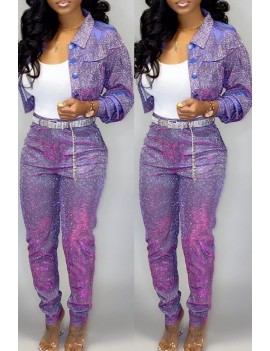 Lovely Casual Buttons Design Purple Two-piece Pants Set