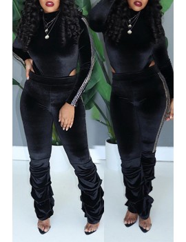 Lovely Trendy Ruffle Design Black Two-piece Pants Set